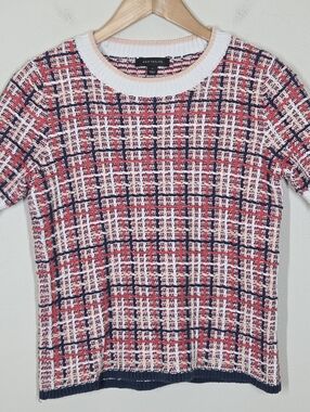 Ann Taylor Tweed Plaid Knit Short Sleeve Sweater Preppy Academia Church Small